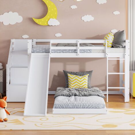 Lit Mezzanine Enfant Avec Toboggan Et échelle - Blanc, 90x200 Cm, Structure Bois, Protection Anti-chute