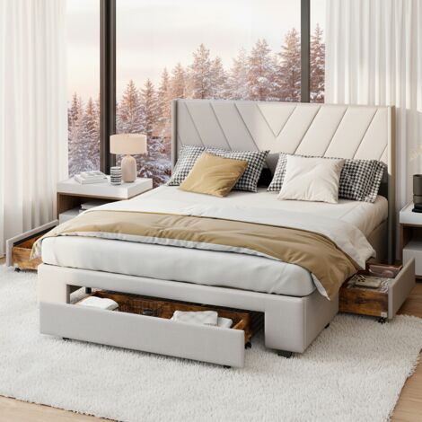 Tanant – Lit double 160x200 cm scandinave en lin beige – 3 tiroirs de rangement – Sommier à lattes robuste – Tête de lit rembourrée (1/5)