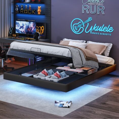 Tanant – Lit coffre 160x200cm – Cadre à lattes – Éclairage LED télécommandé – Simili cuir et MDF – Lit flottant moderne – Noir (1/5)