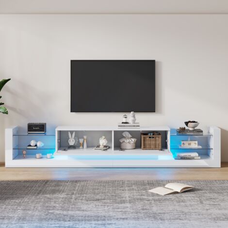 Meuble TV avec éclairage LED 181 cm - façade en verre avec 2 tiroirs rabattables, adapté aux téléviseurs jusqu'à 80", Meuble TV brillant - Blanc (1/5)