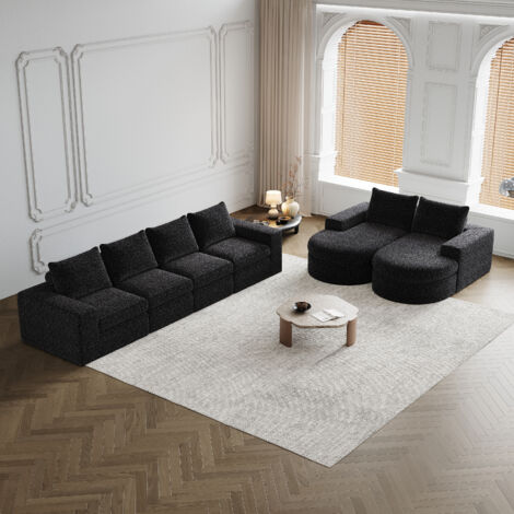 Canapé panoramique avec fauteuil inclinable incurvé, chaise longue modulaire en forme de L, canapé chenille, structure compressée sans cadre, design moderne, Noir