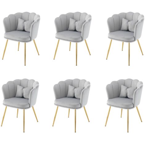 Lot de 6 chaises, chaises coquillage, pieds en métal, coussins papillon,fauteuil de salon, Convient pour la salle à manger de la chambre, velours, Gris (1/5)