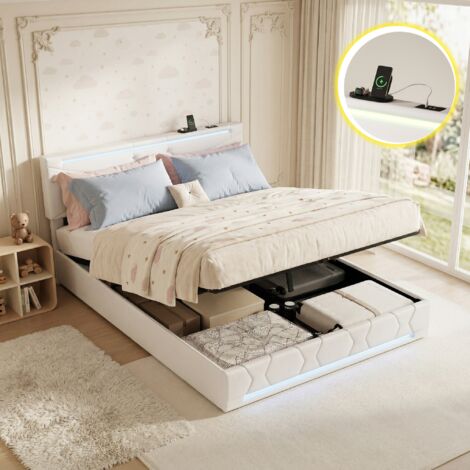 Lit coffre 160x200 cm, lit double avec rangements, tête de lit capitonnée avec bande lumineuse LED intégrée et port USB, sommier à lattes en bois, lin, style nordique, Beige