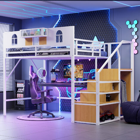 Lit mezzanine 140x200 cm, lit enfant avec échelle de rangement, structure métallique antichute, design moderne, lit mezzanine 2 places, Blanc