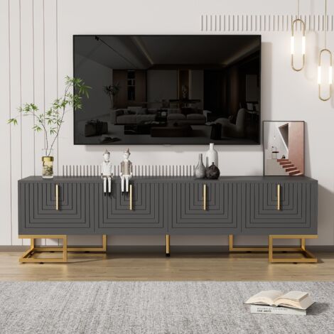 Meuble TV 170x40x45 cm avec 2 séparateurs de rangement, poignées dorées, pieds dorés, meuble TV à panneau bas, espace de rangement, design moderne, Noir (1/5)