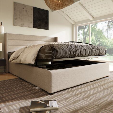 Tanant – Lit coffre 160x200 cm – Tête de lit rembourrée – Cadre en métal – Sommier à lattes – Rangement hydraulique – Beige