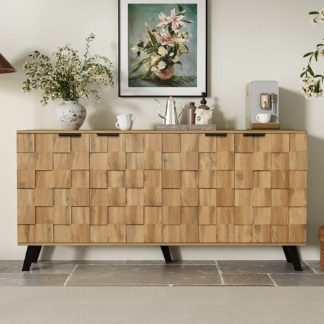 Tanant – Buffet moderne 160,5 cm avec 4 portes – Poignées en métal noir – Pieds stables – Étagères réglables pour rangement optimal