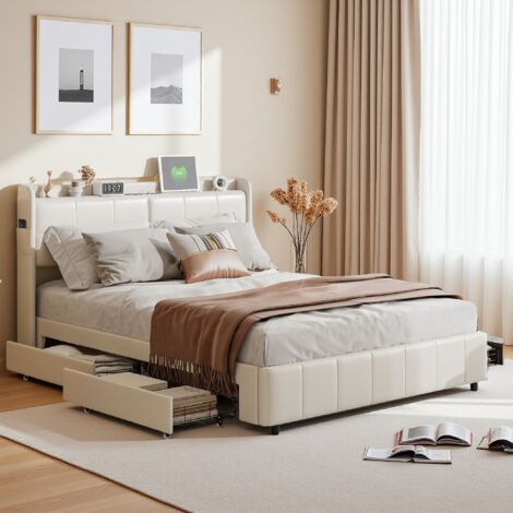 Tanant – Lit 160x200cm avec 4 tiroirs – Port de recharge USB et Type-C – Tête de lit éclairée LED – Simili cuir blanc – Sommier à lattes