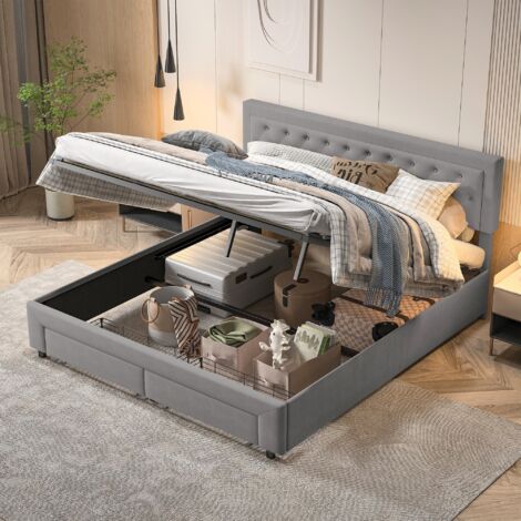 Lit coffre 180x200cm, 2 tiroirs en bout de lit, tête de lit capitonné avec bordure en losanges, rangement à relevage hydraulique, cadre de lit, sommier à lattes, lit double, velours - Gris