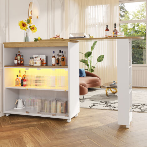 Tanant – Meuble bar extensible 138-204 cm avec rangement – Éclairage LED intégré – Compartiments ouverts – Design moderne blanc