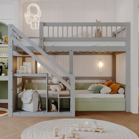 Lit mezzanine 90x200cm, escalier avec rangement intégré, lit mezzanine 2 places, sommier à lattes, barrière de sécurité, lit adulte pour ado, bois massif - Gris