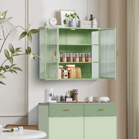 Tanant – Élément haut de cuisine – Meuble de rangement avec 3 niveaux et 2 portes vitrées – Dimensions 70x23x60cm – En fer et verre trempé – Couleur vert menthe - avec3