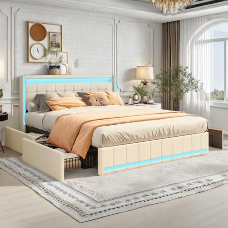 Tanant – Lit double avec tiroirs 140x190cm – Tissu lin doux – 4 tiroirs de rangement – Éclairage LED – Sommier à lattes en bois – Style scandinave – Beige