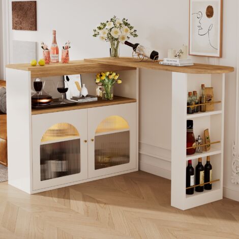 Tanant – Meuble bar extensible avec bande lumineuse LED – Dimensions 138-193 x 39 x 105 cm – Rangement à trois niveaux en aggloméré et métal