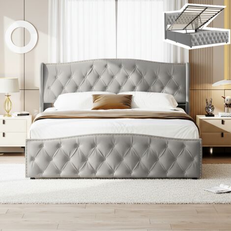Lit coffre 160x200 cm, lit double, tête de lit décorative losanges et tiges hydrauliques, sommier à lattes, espace de rangement, Tissu lin, Scandinave - Gris (1/5)