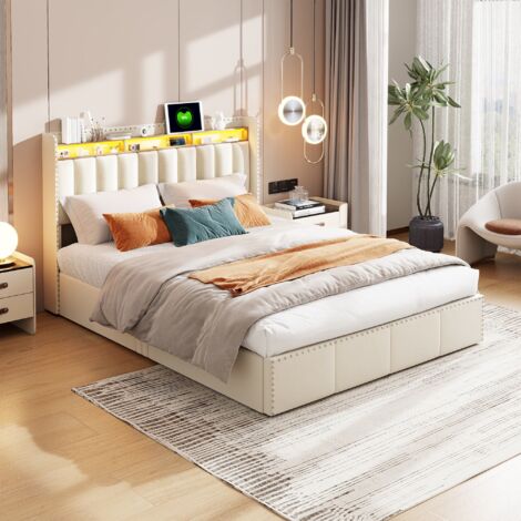 Tanant – Lit coffre 140 x 200 cm – Cadre à lattes en bois – Tête de lit capitonnée avec port USB – Rangement hydraulique – Décor rivet lin beige (1/5)