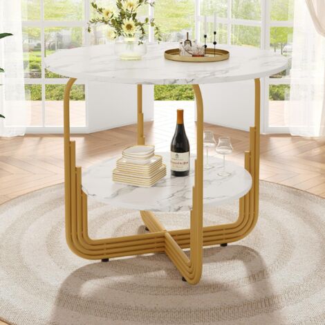 Table à manger ronde 80 x 80 cm, structure en métal, avec un petit plateau rond central pour le rangement, plateau en MDF et marbre, pour 4 personnes, idéale pour la salle à manger et le salon, Doré (1/5)