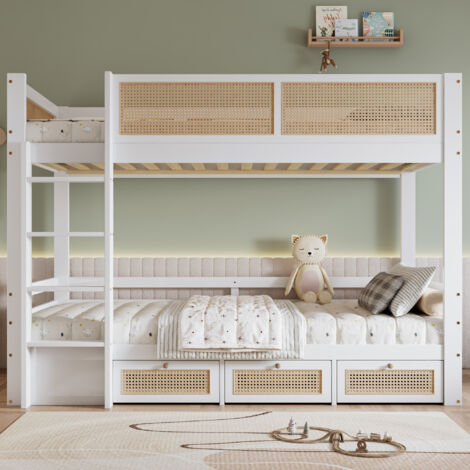 Lit superposé 90x200 cm, lit enfant avec sommier à lattes, 3 tiroirs et barrière de sécurité, décoration rotin tressé, escalier, design moderne, Blanc (1/5)