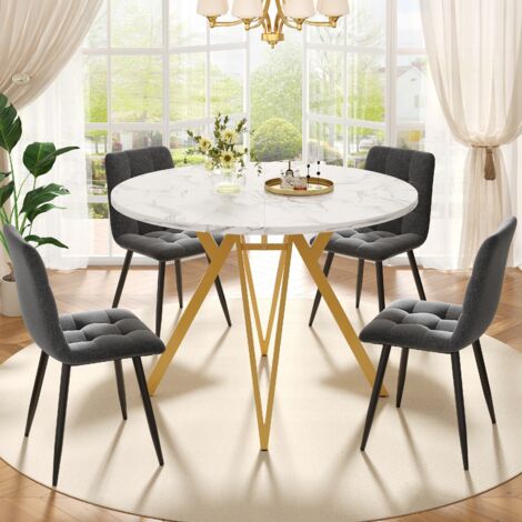 Ensemble table et chaises 5 pièce, avec 4 chaises en lin et une 100 cm table ronde, structure en métal, plateau en MDF et marbre, ensemble de salle à manger de cuisine moderne, Doré (1/5)