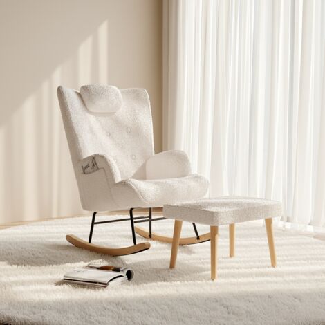Rocking Chair, Fauteuil à Bascule en peluche, avec douce repose pieds, Dossier avec appui-tête rembourré et poches latérales, style Scandinave - Blanc