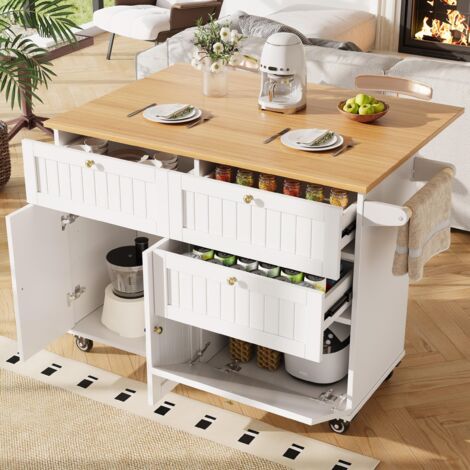 Îlot central de cuisine, plateau imitation bois, avec 3 tiroirs et portes de rangement, escamotable, design moderne, Blanc