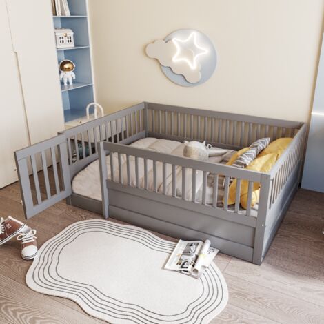 Lit simple enfant 140x200cm, Cadre de lit en bois avec barrière de sécurité et porte, adapté aux enfants et adolescents - Gris