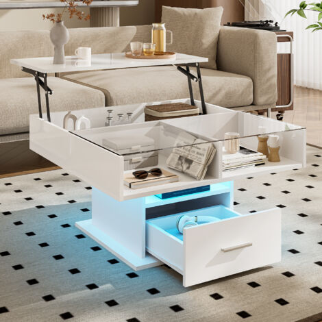 Table basse, table basse moderne avec fonction de levage, éclairage LED et étagères en verre, compartiments de rangement, finition brillante, table d'appoint, design, Blanc (1/5)