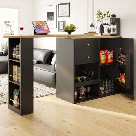 Tanant – Meuble bar escamotable 105 cm – Buffet pivotant 360° avec 2 tiroirs et 3 étagères – MDF noir contemporain – Grand espace de rangement