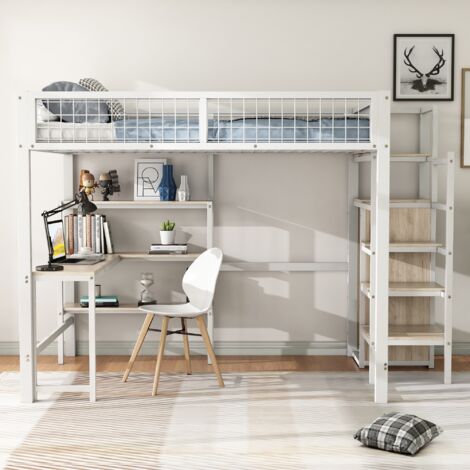 Lit mezzanine enfant 140x200cm avec bureau et escalier de rangement, cadre de lit en métal, sommier à lattes, barrière de sécurité, adapté aux adolescents, adultes - Blanc (1/5)