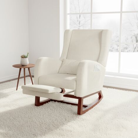 Tanant – Fauteuil à bascule scandinave en tissu beige – Dossier rembourré – Cadre en bois massif – Poches latérales – Capacité 150 kg
