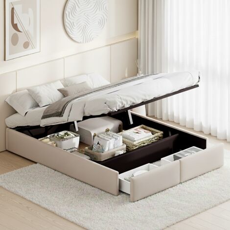 Lit coffre 140x190 cm avec rangement, 2 tiroirs, sommier à lattes, sans tête de lit, Lit double de style scandinave, Beige