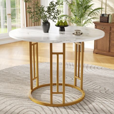Table à manger ronde 80 x 80 cm, structure en métal, plateau en MDF et marbre, pour 4 personnes, idéale pour la salle à manger ou le salon, Doré (1/5)