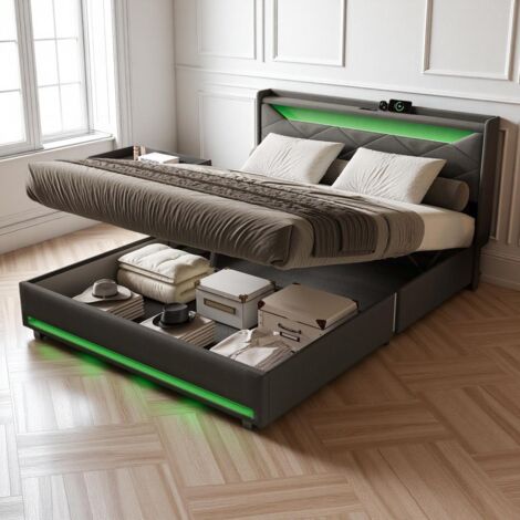 Tanant – Lit coffre 140x190 cm avec éclairage LED – Système de soulèvement hydraulique – Sommier à lattes en bois FSC – Revêtement velours gris moderne (1/5)
