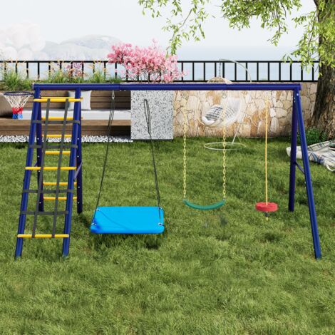 Balançoire d'extérieur 3 en 1, 3 balançoires + portique + panier de basket, 3 Façons de Suspendre, aire de jeux extérieure- 310x174x203cm - Bleu