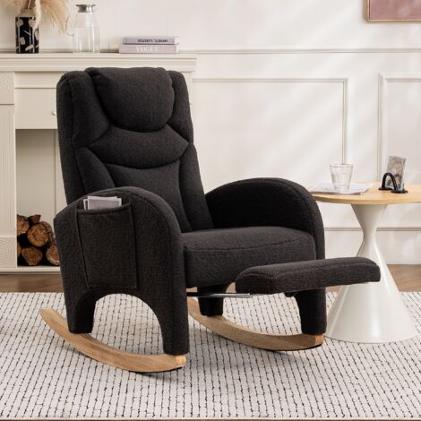 Rocking Chair avec repose-pieds, fauteuil à bascule avec dossier confortables, une poche latérale, cadre en bois massif, tissu peluche, fauteuil à bascule de salon - Gris foncé (1/5)