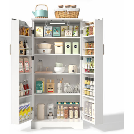 Desserte de cuisine, avec éclairage LED à capteur, étagères réglables en hauteur, double porte avec compartiments de rangement, dispositif anti-basculement, design, 60x35x128 cm, Blanc
