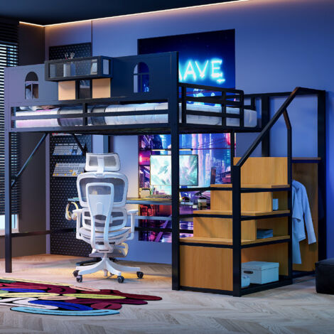 Lit mezzanine 140x200 cm, lit enfant avec échelle de rangement, structure métallique antichute, design moderne, lit mezzanine 2 places, Noir