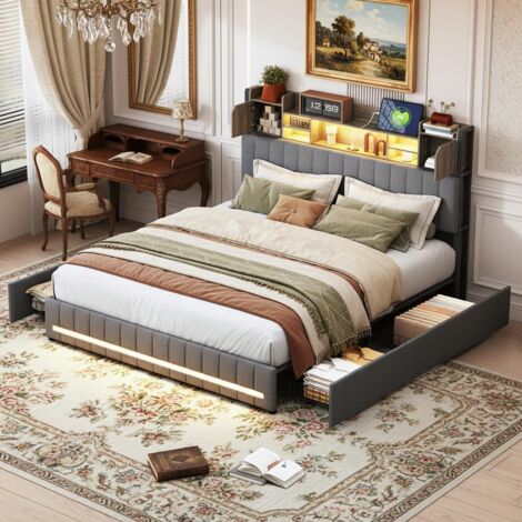 Tanant – Lit adulte avec tiroirs 140x190 cm – Tête de lit rangement avec éclairage LED – 4 tiroirs – Sommier à lattes – Tissu lin gris