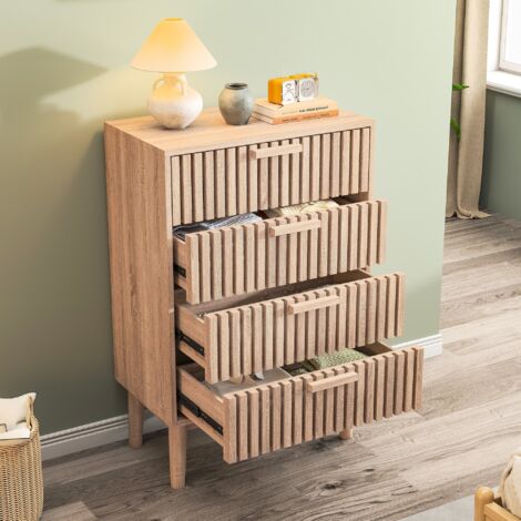 Commode 60cm avec 4 tiroirs, Commode Chambre en rotin, poignées en bois et pieds, Meuble Tiroir Rangement, Scandinave - Naturel