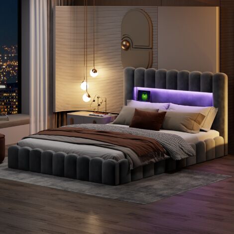 Lit 180x200 Avec Sommier LED et USB Type C, Coffre de Rangement et Tête de Lit, Double à Lattes, Capitonné Pour 2 Personnes (Sans Matelas