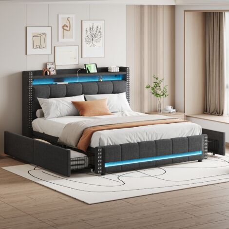Lit 140x200 cm, tissu lin, lit avec tiroirs avec éclairage LED et prises USB, tête de lit et rangement avec 4 tiroirs - lit double pour adulte - Gris (1/5)