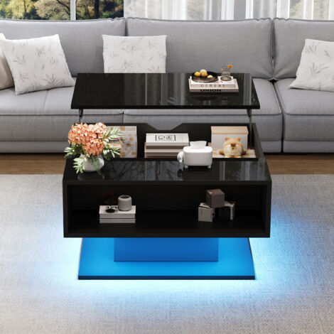 Table basse relevable, avec espace de rangement ouvert, éclairage LED, finition brillante, ergonomique, 80 x 77 x 40 cm, Noir