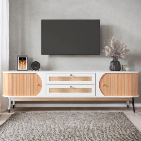 Tanant – Meuble TV 170 cm en rotin – 2 tiroirs et 2 portes – 4 pieds en bois – Grand espace de rangement – Style scandinave – Blanc