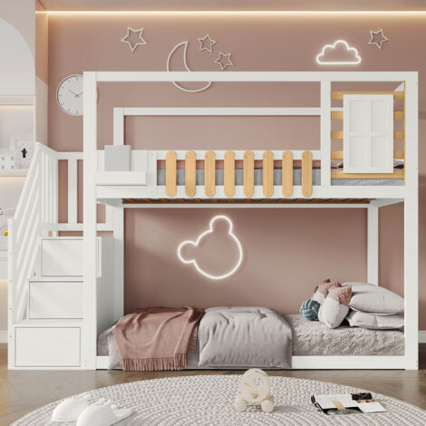 Tanant – Lit superposé 90x200 cm – Lit enfant avec escalier de rangement – Barrière antichute – Sommier à lattes en pin et MDF – Design moderne blanc (1/5)