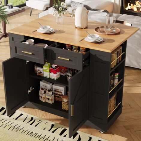 Desserte Îlot de cuisine avec 2 tiroirs et portes doubles, rangements multiples, plateau en similibois avec meuble fonctionnel escamotable, Noir