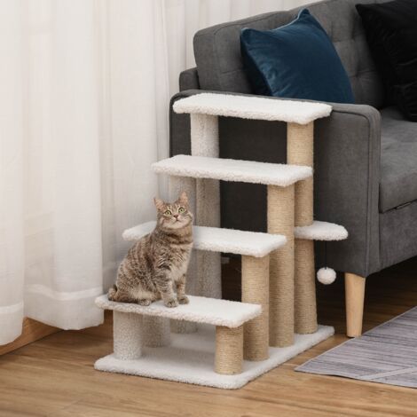 Arbre à chat, escalier pour animaux avec griffoir, siège rembourré, avec 1 boule de poils, convient aux chats et aux chiens, 60x40x64cm, blanc (1/5)