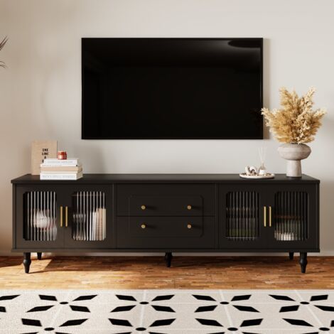 Tanant – Meuble TV scandinave 175cm – Banc télé avec 2 tiroirs et porte vitrée – Poignées dorées et pieds en bois massif – Noir (1/5)