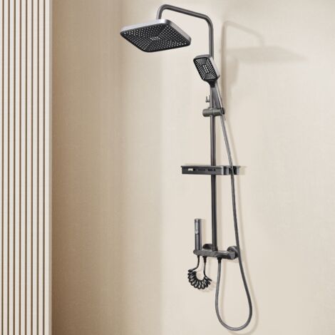 Ensemble de robinet de douche, pommeau de douche à effet pluie laiton 13cm avec douchette à main robinet de douche à effet pluie de luxe mitigeur chaud et froid de salle de bain, Gris