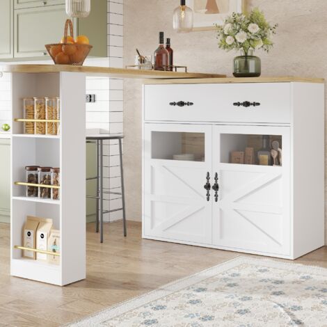 Tanant – Table de bar extensible 138-204 cm – Îlot central avec porte vitrée – Rangement avec tiroir et étagères – MDF blanc moderne