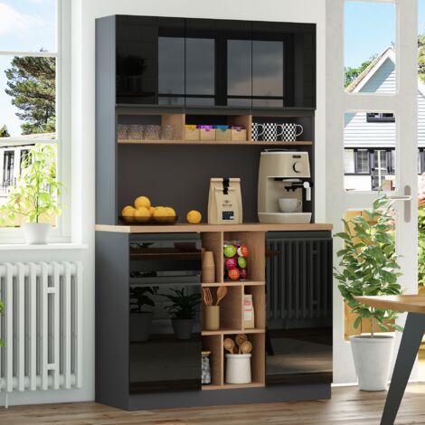 Tanant – Buffet de cuisine haut 105x45x185cm – Vitrine avec éclairage LED – Étagères réglables en MDF – Design moderne noir